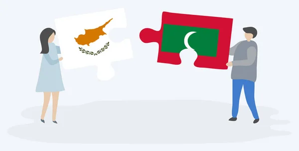 Casal Segurando Duas Peças Quebra Cabeças Com Bandeiras Cipriotas Maldivas — Vetor de Stock