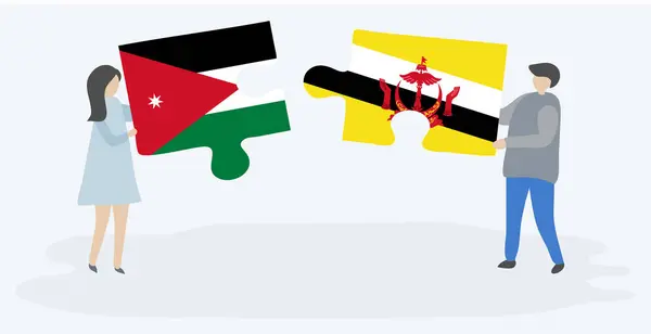 Pareja Sosteniendo Dos Piezas Rompecabezas Con Banderas Jordanas Bruneanas Jordania — Vector de stock