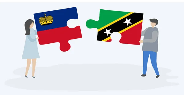 Paar Houden Twee Puzzels Stukken Met Liechtenstein Kittitian Vlaggen Liechtenstein — Stockvector