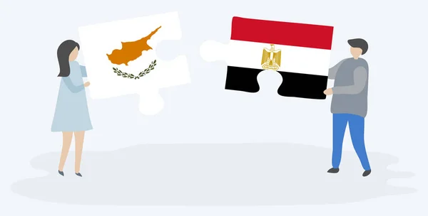 Casal Segurando Duas Peças Quebra Cabeças Com Bandeiras Cipriotas Egípcias —  Vetores de Stock