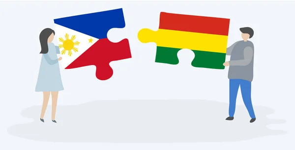 Par Som Innehar Två Pusselbitar Med Filippinska Och Bolivianska Flaggor — Stock vektor