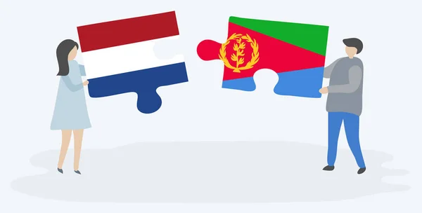 Ζευγάρι Που Κρατά Δύο Κομμάτια Παζλ Τις Σημαίες Της Ολλανδίας — Διανυσματικό Αρχείο