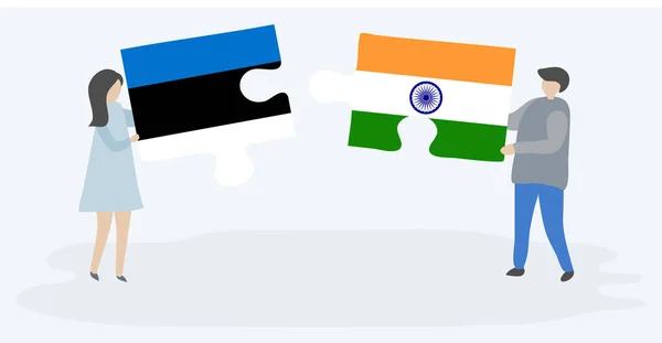 Пара Держащая Две Головоломки Эстонскими Индийскими Флагами Эстония Индия Вместе — стоковый вектор