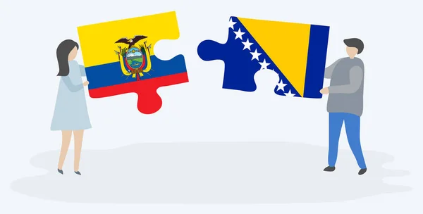 Casal Segurando Duas Peças Quebra Cabeças Com Bandeiras Equatorianas Bósnias — Vetor de Stock