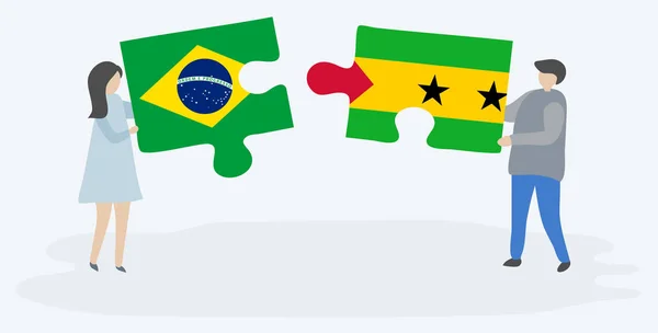 Casal Segurando Duas Peças Quebra Cabeças Com Bandeiras Brasileiras Paulistanas — Vetor de Stock