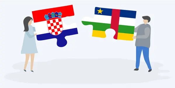Casal Segurando Dois Quebra Cabeças Peças Com Bandeiras Croatas Centro — Vetor de Stock