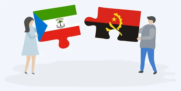 Paar Houden Twee Puzzels Stukken Met Equatoriale Guinean Angolese Vlaggen — Stockvector
