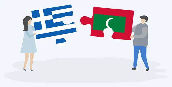 Ζευγάρι Που Κρατά Δύο Κομμάτια Παζλ Ελληνικές Και Ρουφίαν Σημαίες — Διανυσματικό Αρχείο