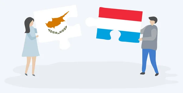 Paar Houden Twee Puzzels Stukken Met Cypriotische Luxemburgse Vlaggen Cyprus — Stockvector