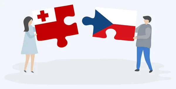 Para Trzyma Dwa Kawałki Puzzli Tongan Czeskich Flag Tonga Czechy — Wektor stockowy