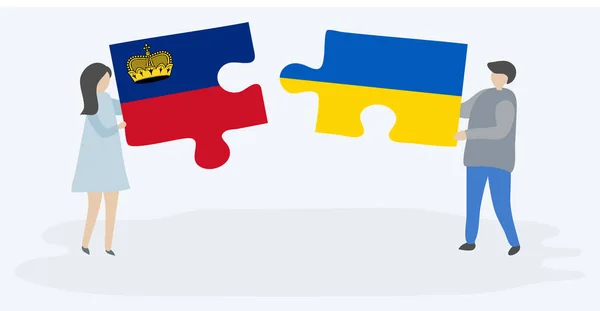 Pareja Sosteniendo Dos Piezas Rompecabezas Con Liechtenstein Banderas Ucrania Liechtenstein — Vector de stock