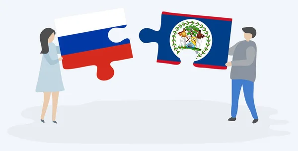 Rus Belizean Bayrakları Ile Iki Bulmaca Parçaları Tutan Çift Rusya — Stok Vektör