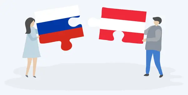 一对夫妇拿着两块拼图 上面挂着俄罗斯和奥地利国旗 俄罗斯和奥地利国家符号在一起 — 图库矢量图片