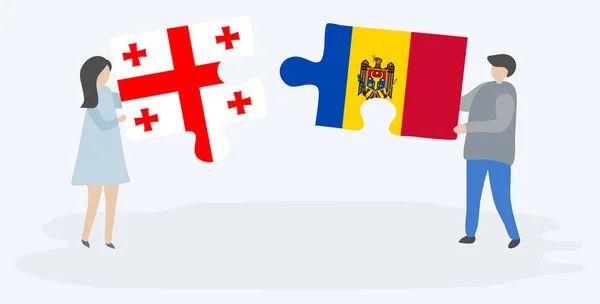 Couple Tenant Deux Pièces Puzzles Avec Des Drapeaux Géorgien Moldave — Image vectorielle