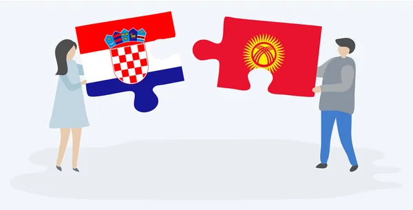 Casal Segurando Duas Peças Quebra Cabeças Com Bandeiras Croatas Kirgiz — Vetor de Stock