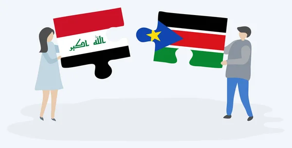 Paar Houden Twee Puzzels Stukken Met Iraakse Zuid Sudanese Vlaggen — Stockvector