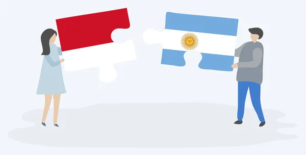 Pareja Sosteniendo Dos Piezas Rompecabezas Con Banderas Indonesia Argentina Indonesia — Archivo Imágenes Vectoriales