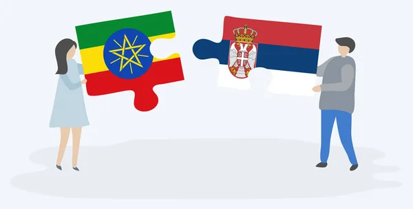 Ζευγάρι Που Κρατά Δύο Κομμάτια Παζλ Αιθιοπική Και Σερβική Σημαία — Διανυσματικό Αρχείο