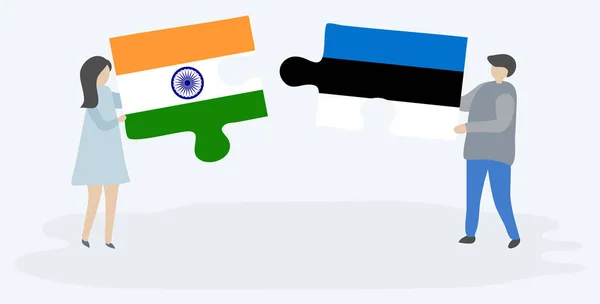 Пара Держащая Две Головоломки Индийскими Эстонскими Флагами Индия Эстония Вместе — стоковый вектор