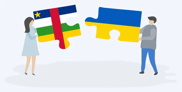 Pareja Sosteniendo Dos Piezas Rompecabezas Con Banderas África Central Ucrania — Archivo Imágenes Vectoriales