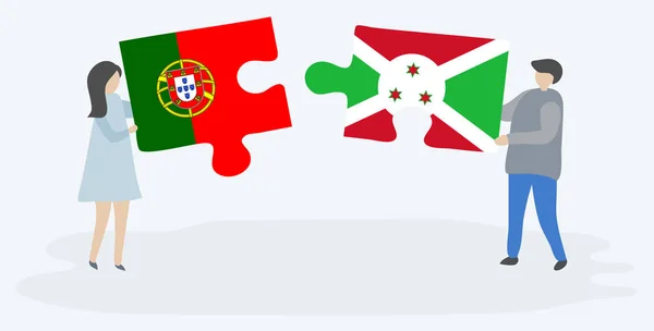 ポルトガルとブルンジの旗を持つ2つのパズルピースを保持しているカップル ポルトガルとブルンジの国のシンボル — ストックベクタ