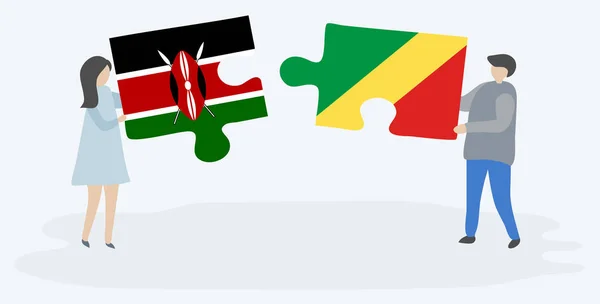 Couple Tenant Deux Pièces Puzzles Avec Des Drapeaux Kenyan Congolais — Image vectorielle