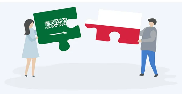 サウジアラビアとポーランドの旗を持つ2つのパズルピースを保持しているカップル サウジアラビアとポーランドのシンボル — ストックベクタ