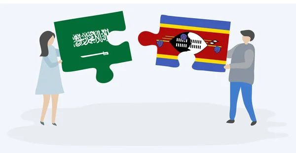 Couple Holding Two Puzzles Pieces Saudi Arabian Swazi Flags Saudi — Stock Vector