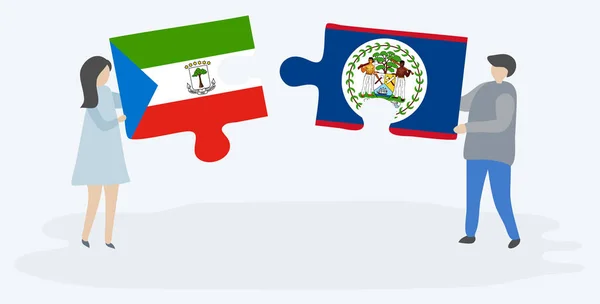 Pareja Sosteniendo Dos Piezas Rompecabezas Con Banderas Guinea Ecuatorial Belice — Archivo Imágenes Vectoriales