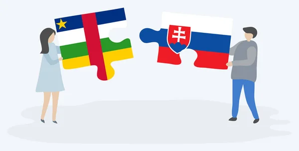 Paar Houden Twee Puzzels Stukken Met Centraal Afrikaanse Slowaakse Vlaggen — Stockvector