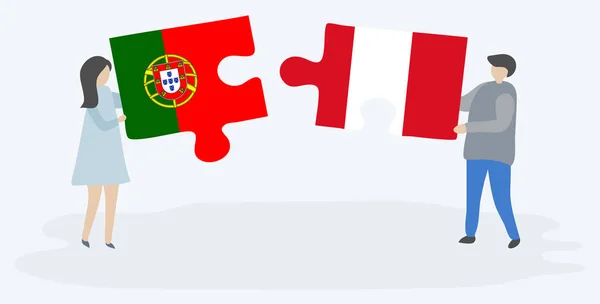 Couple Tenant Deux Pièces Puzzles Avec Des Drapeaux Portugais Péruviens — Image vectorielle