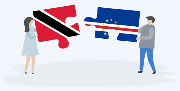 Casal Segurando Duas Peças Quebra Cabeças Com Bandeiras Trinidadianas Cabo — Vetor de Stock