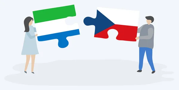 Pareja Sosteniendo Dos Piezas Rompecabezas Con Banderas Sierra Leona Checa — Vector de stock