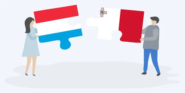 Pareja Sosteniendo Dos Piezas Rompecabezas Con Banderas Luxemburguesas Maltesas Luxemburgo — Archivo Imágenes Vectoriales