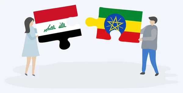 Pareja Sosteniendo Dos Piezas Rompecabezas Con Banderas Iraquíes Etíopes Iraq — Vector de stock