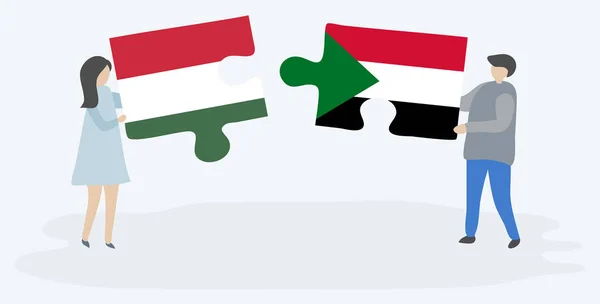 Paar Houden Twee Puzzels Stukken Met Hongaarse Sudanese Vlaggen Hongarije — Stockvector