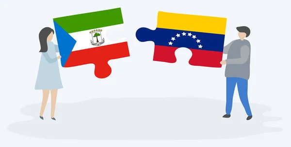 Ζευγάρι Που Κρατάει Δύο Κομμάτια Παζλ Τις Σημαίες Ισημερινής Γουινέας — Διανυσματικό Αρχείο