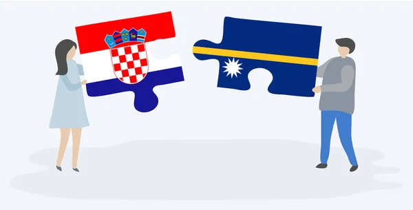Couple Holding Two Puzzles Pieces Croatian Nauruan Flags Croatia Nauru — Stock Vector