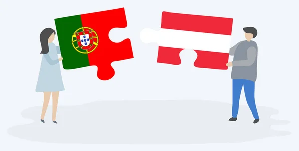 Couple Tenant Deux Pièces Puzzles Avec Des Drapeaux Portugais Autrichiens — Image vectorielle