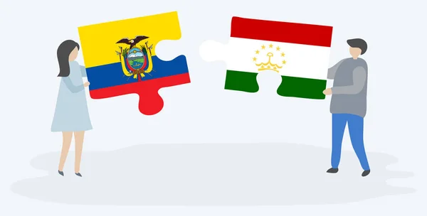 Pareja Sosteniendo Dos Piezas Rompecabezas Con Banderas Ecuador Tayikistán Ecuador — Vector de stock