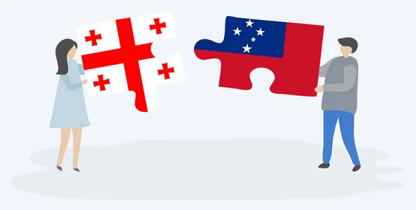 Couple Tenant Deux Pièces Puzzles Avec Des Drapeaux Géorgiens Samoans — Image vectorielle