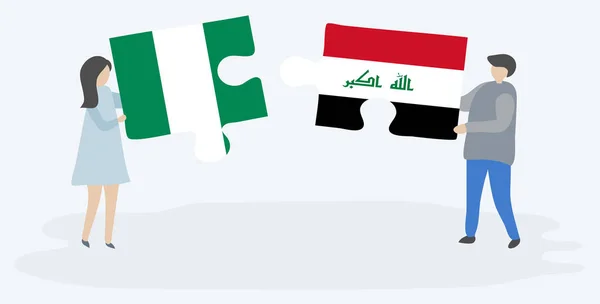Pareja Sosteniendo Dos Piezas Rompecabezas Con Banderas Nigeria Irak Nigeria — Vector de stock