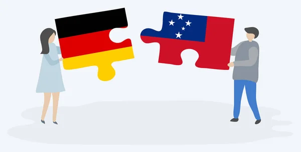 Couple Tenant Deux Pièces Puzzles Avec Des Drapeaux Allemands Samoans — Image vectorielle