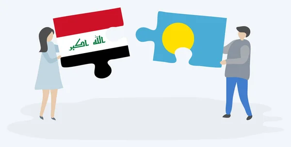 Pareja Sosteniendo Dos Piezas Rompecabezas Con Banderas Iraquíes Palao Iraq — Vector de stock