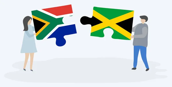 Pareja Sosteniendo Dos Piezas Rompecabezas Con Banderas Sudáfrica Jamaica Sudáfrica — Vector de stock