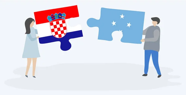 Ζευγάρι Που Κρατά Δύο Κομμάτια Παζλ Σημαίες Κροατών Και Μικρονήσιων — Διανυσματικό Αρχείο