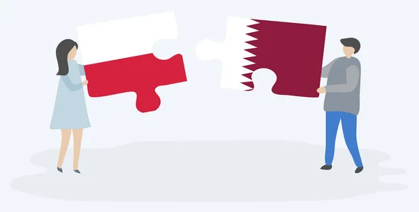 Pareja Sosteniendo Dos Piezas Rompecabezas Con Banderas Polonia Qatar Polonia — Vector de stock