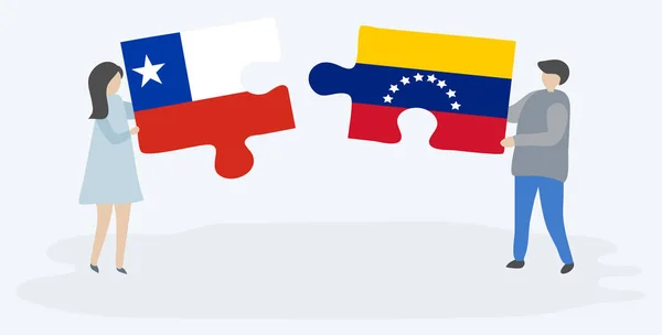 Paar Houden Twee Puzzels Stukken Met Chileense Venezolaanse Vlaggen Chili — Stockvector