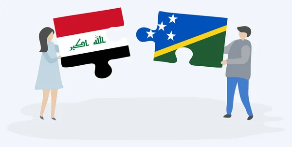 Pareja Sosteniendo Dos Piezas Rompecabezas Con Banderas Iraquíes Las Islas — Vector de stock