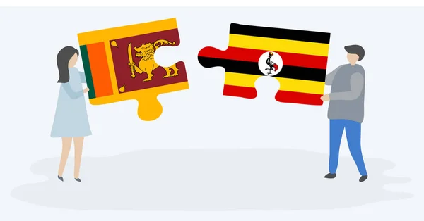 Para Trzyma Dwa Kawałki Puzzli Flagami Sri Lanki Ugandy Sri — Wektor stockowy